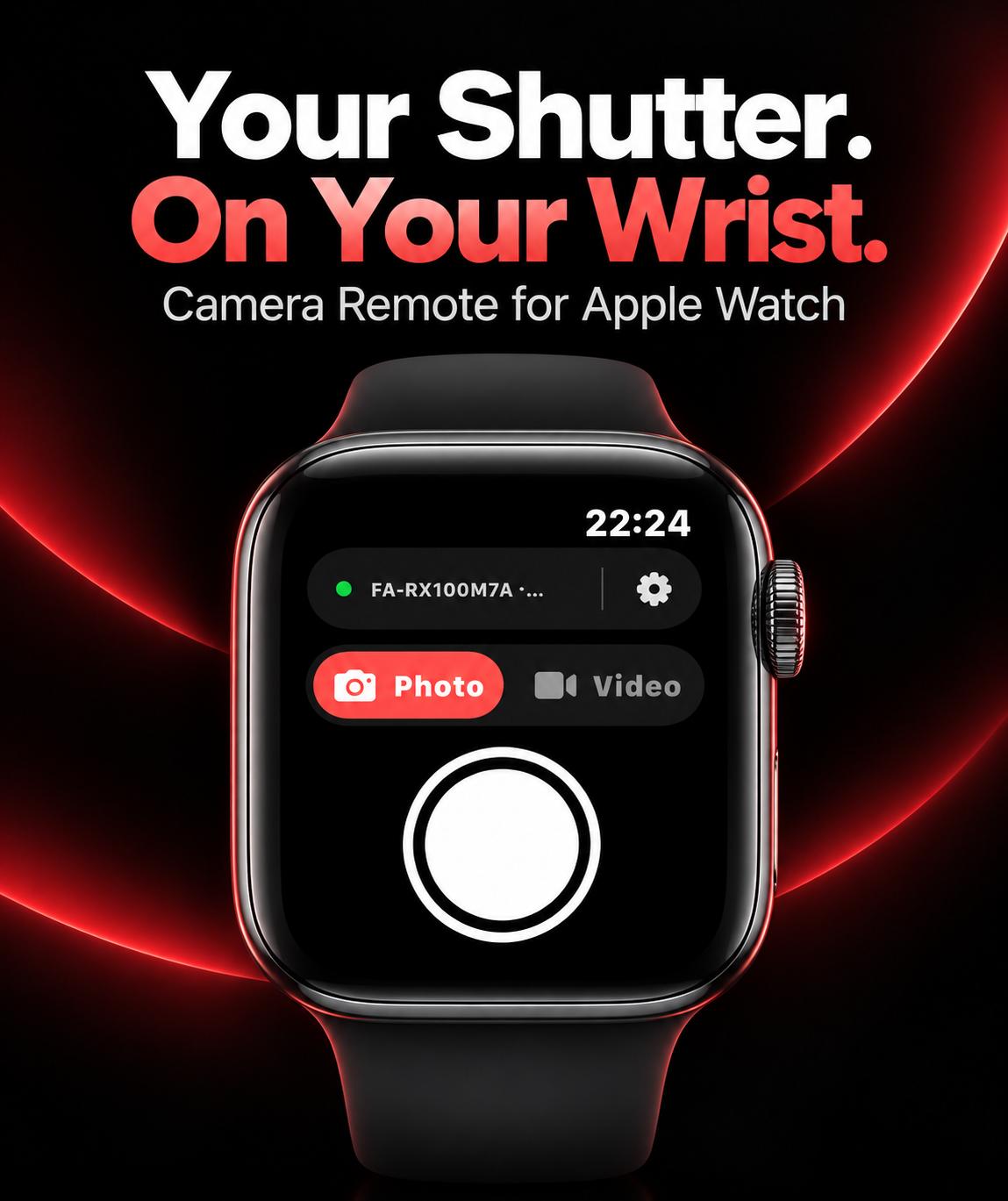 WristShutter product preview showing Photo and Video controls on Apple Watch
